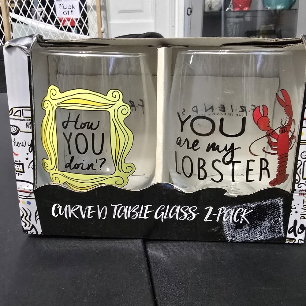 New Friends Curved Table Glass 2-Pack How You Doin And You Are My Lobster